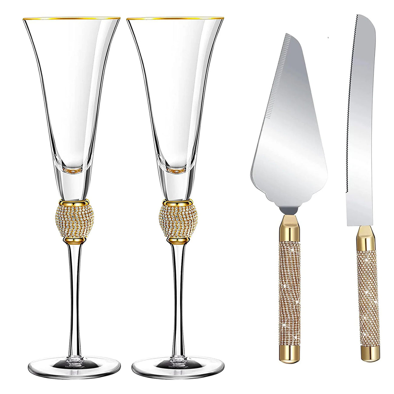 Wedding Champagne Flutes, Wedding Cake Knife and Server Set, Wedding Gifts for Couple Bride and Groom Gold Rim & Rhinestone Studded Toasting Glasses Set of 4, Cake Cutting Set for Wedding