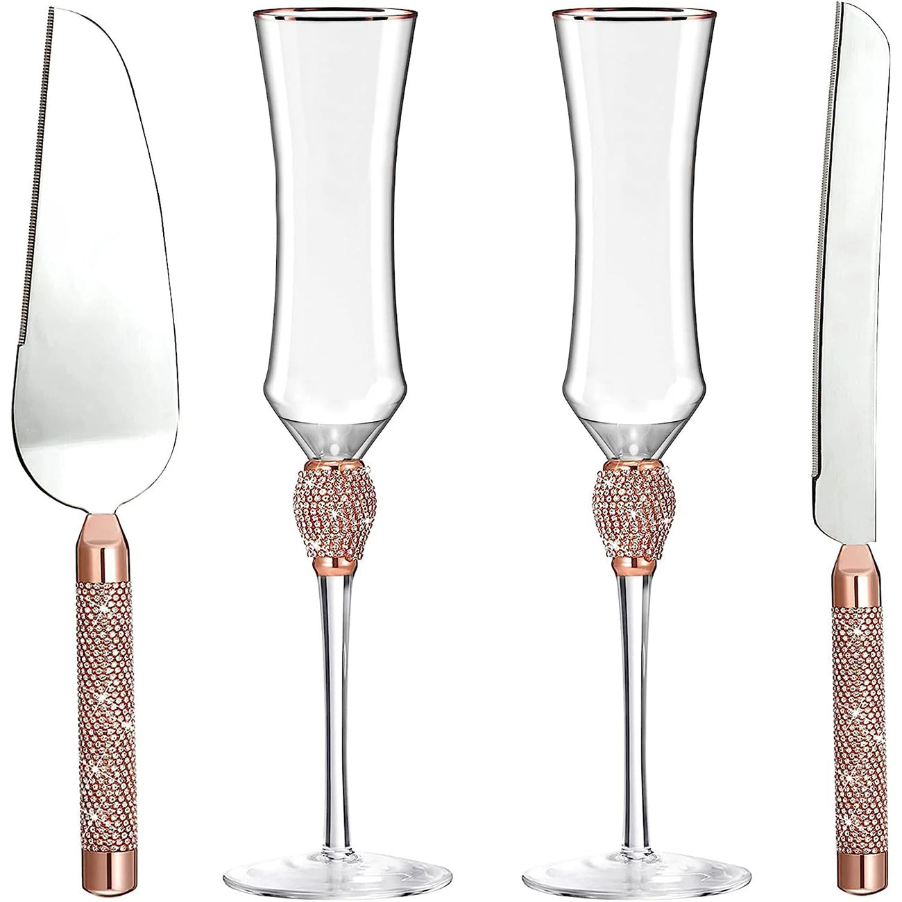 Wedding Toasting Flutes and Cake Server Set, Champagne Flutes, Bride and Groom Toasting Champagne Glasses for Wedding Gifts Cake Cutting Set for Engagement Gifts