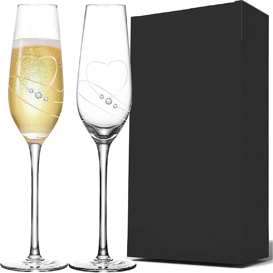 Champagne Flutes Toasting Champagne Glasses set of 2 with Love Heart design with Crystals Wine Glasses Wedding Gifts for Couple Bride and Groom Engagement gifts