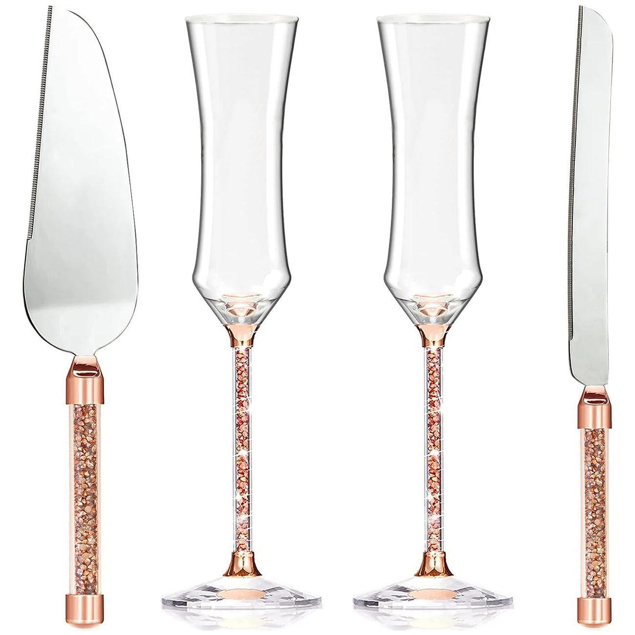 4 Pieces Wedding Champagne Flutes and Cake knife Server Set Champagne Glasses Gold Mr and Mrs Wedding Reception Supplies Bride and Groom Toasting Flutes Cake Pie Server Engagement Wedding gift