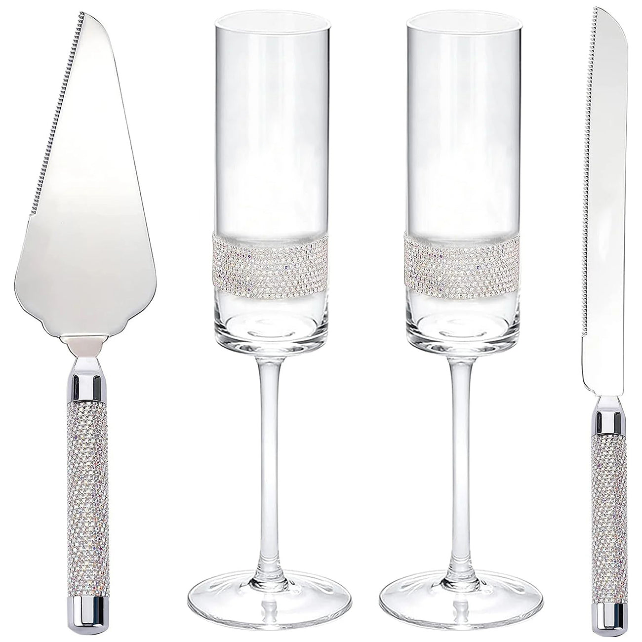 Wedding Cake Knife and Server Set, Bride and Groom Champagne Flutes Toasting Glasses Print Mr and Mrs Wedding Engagement Gifts