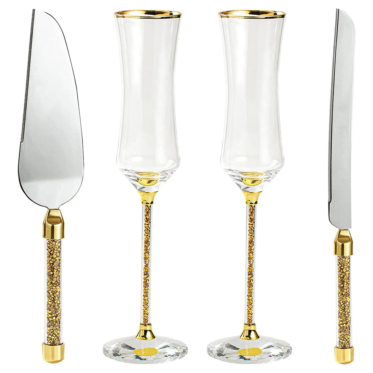 4 Pieces Wedding Champagne Flutes and Cake knife Server Set Champagne Glasses Gold Mr and Mrs Wedding Reception Supplies Bride and Groom Toasting Flutes Cake Pie Server Engagement Wedding gift