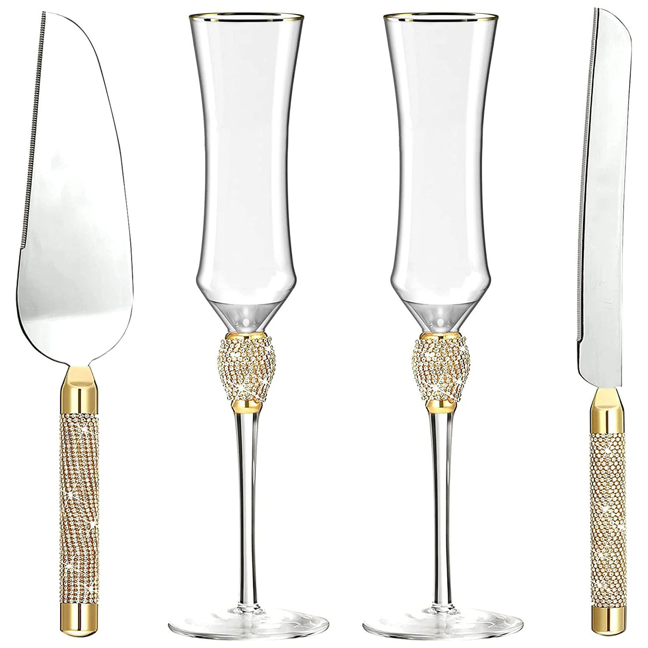 Wedding Toasting Flutes and Cake Server Set, Champagne Flutes, Bride and Groom Toasting Champagne Glasses for Wedding Gifts Cake Cutting Set for Engagement Gifts