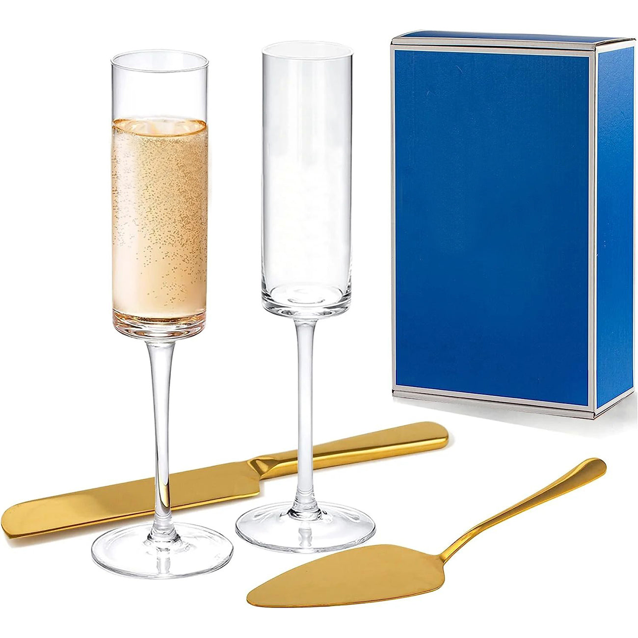 Wedding Cake Knife and Server Set, Wedding Champagne Flutes, Gold Mr and mrs Champagne Flutes Bride and Groom Toasting Glasses Cake Cutting Set for Wedding Engagement Gifts