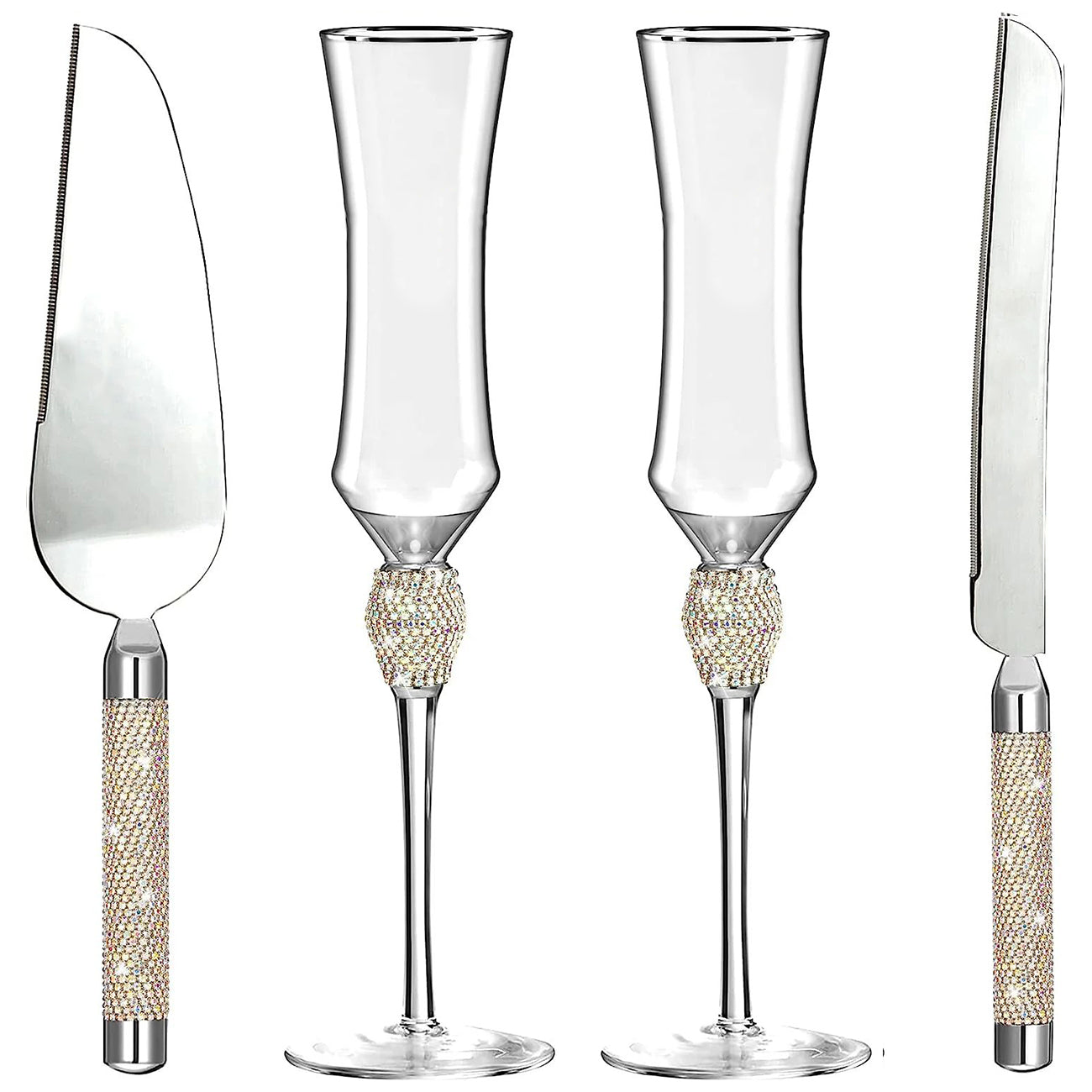 Wedding Toasting Flutes and Cake Server Set, Champagne Flutes, Bride and Groom Toasting Champagne Glasses for Wedding Gifts Cake Cutting Set for Engagement Gifts