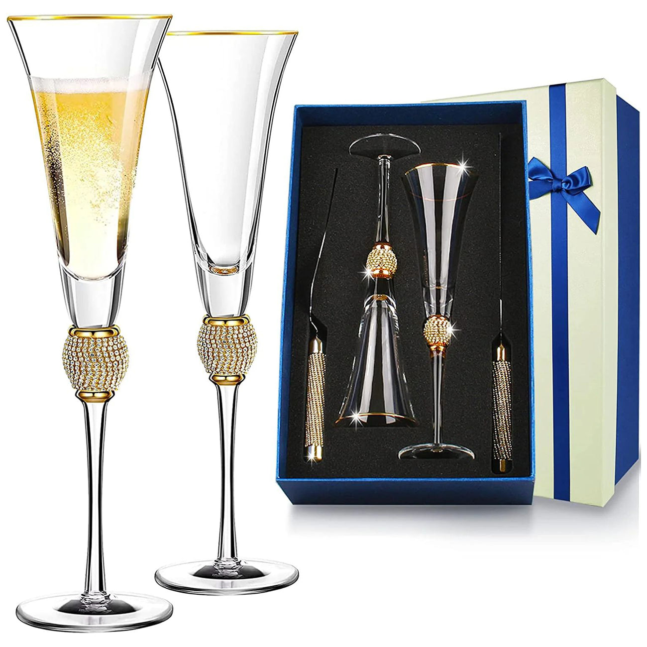 Wedding Champagne Flutes, Wedding Cake Knife and Server Set, Wedding Gifts for Couple Bride and Groom Gold Rim & Rhinestone Studded Toasting Glasses Set of 4, Cake Cutting Set for Wedding