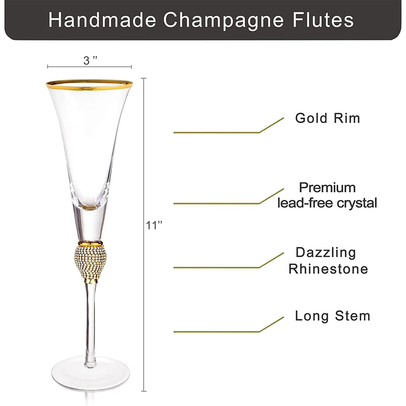 Wedding Champagne Flutes, Wedding Cake Knife and Server Set, Wedding Gifts for Couple Bride and Groom Gold Rim & Rhinestone Studded Toasting Glasses Set of 4, Cake Cutting Set for Wedding