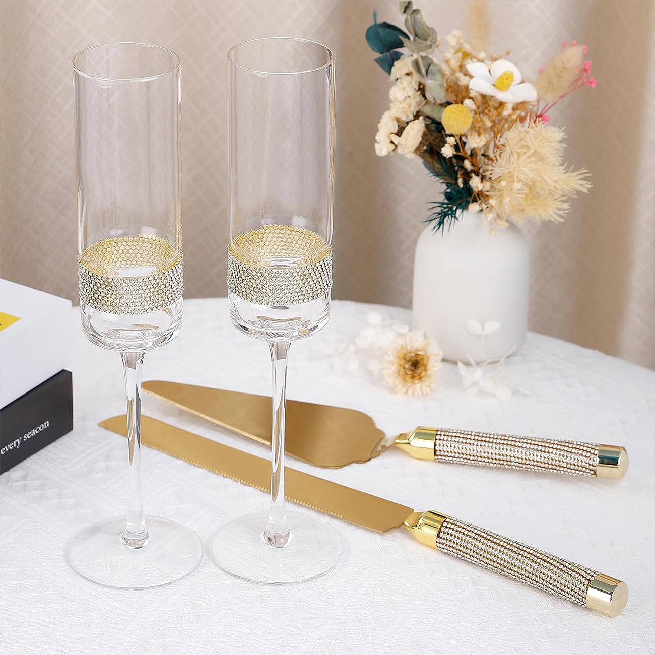 Wedding Cake Knife and Server Set, Bride and Groom Champagne Flutes Toasting Glasses Print Mr and Mrs Wedding Engagement Gifts