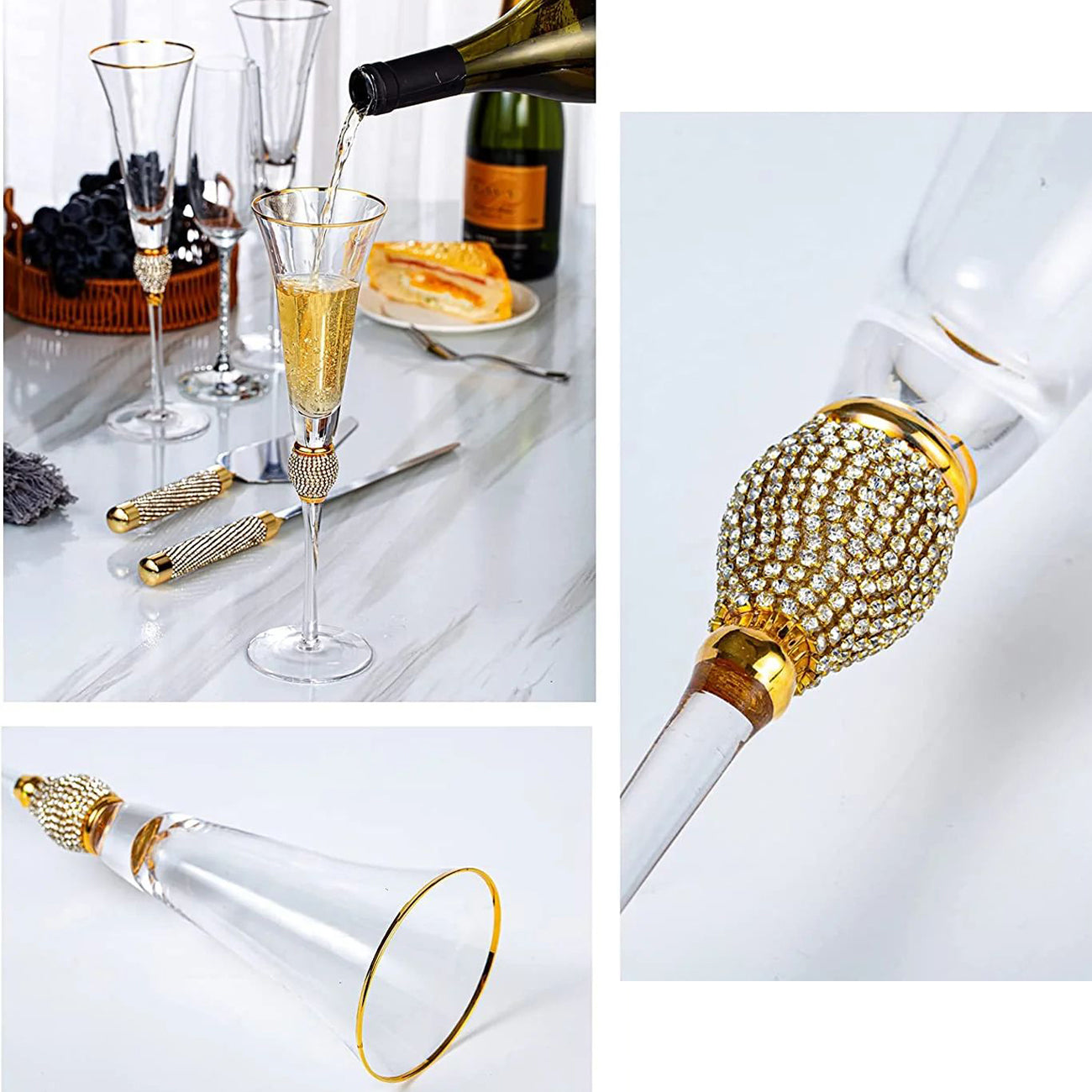 Wedding Champagne Flutes, Wedding Cake Knife and Server Set, Wedding Gifts for Couple Bride and Groom Gold Rim & Rhinestone Studded Toasting Glasses Set of 4, Cake Cutting Set for Wedding