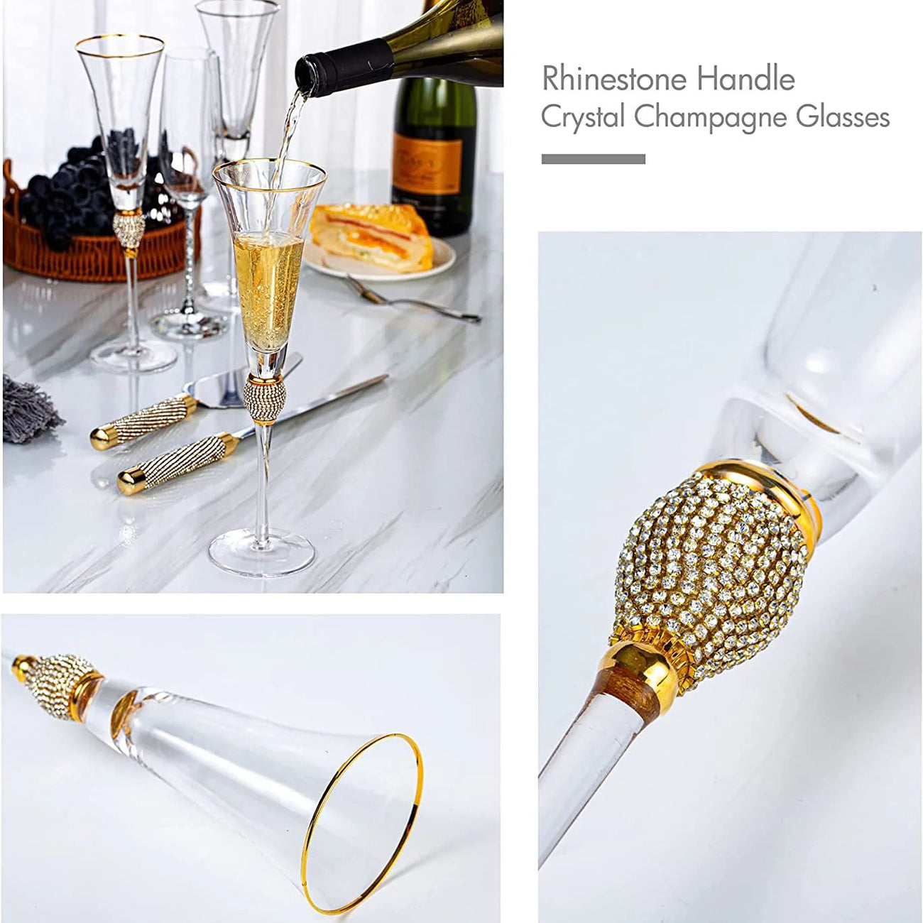 Wedding Champagne Flutes, Wedding Cake Knife and Server Set, Wedding Gifts for Couple Bride and Groom Gold Rim & Rhinestone Studded Toasting Glasses Set of 4, Cake Cutting Set for Wedding