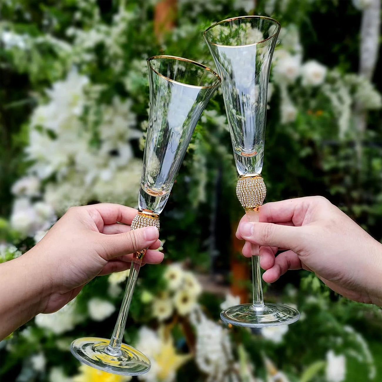 Wedding Champagne Flutes, Wedding Cake Knife and Server Set, Wedding Gifts for Couple Bride and Groom Gold Rim & Rhinestone Studded Toasting Glasses Set of 4, Cake Cutting Set for Wedding