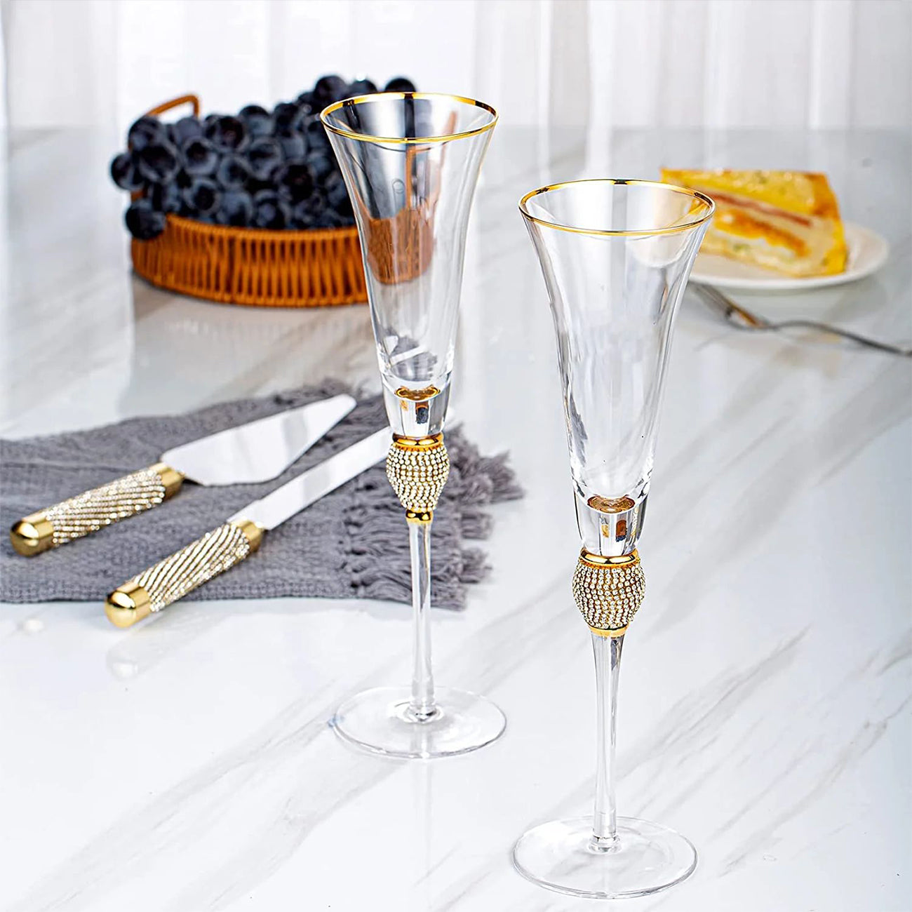 Wedding Champagne Flutes, Wedding Cake Knife and Server Set, Wedding Gifts for Couple Bride and Groom Gold Rim & Rhinestone Studded Toasting Glasses Set of 4, Cake Cutting Set for Wedding